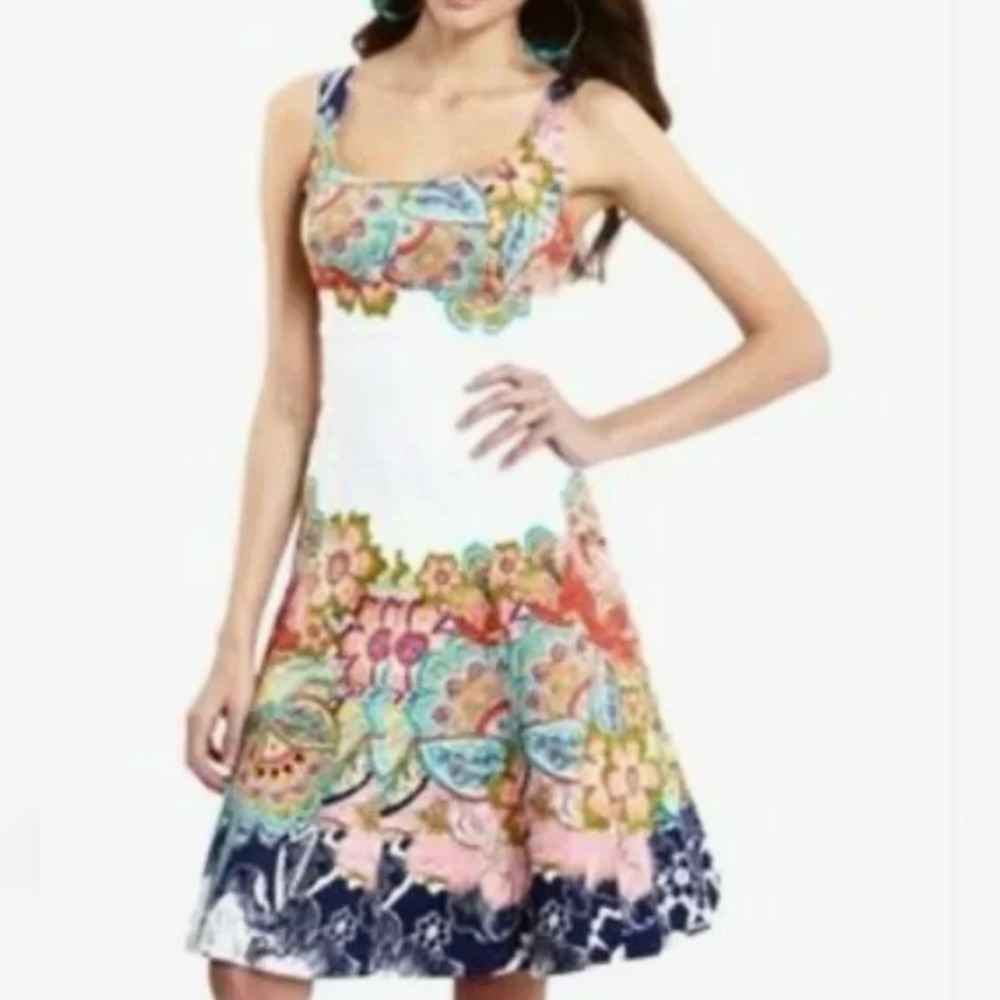 Nine West Dress Floral Paisley Sleeveless Square Neck Empire Waist Midi EUC